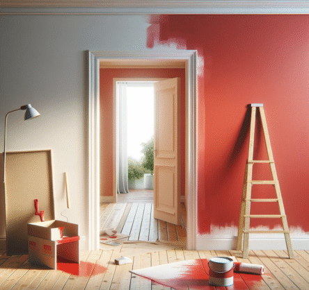 DALL·E 2023-12-18 08.57.04 - A digital photography of an interior room during renovation. The room has one wall freshly painted in red, with an unfinished section at the bottom wh